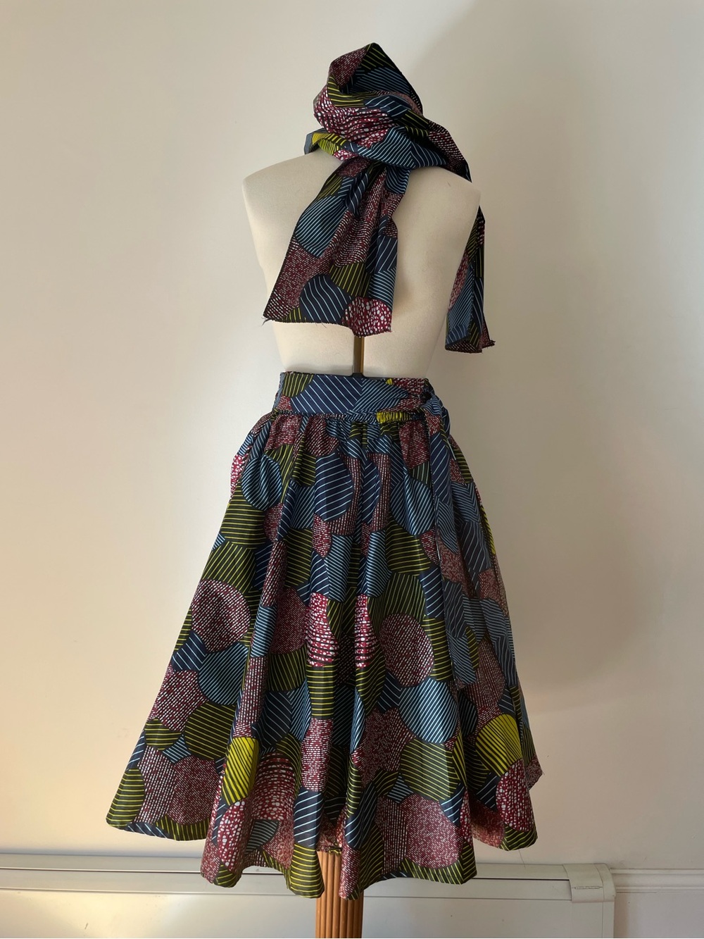 Printed Midi Skirt in Blue, Olive, Black & Red with matching scarf